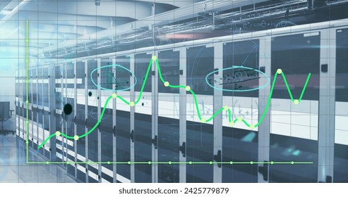Image of graphs over light and servers. Global network, connections, communication, data processing, finance and technology concept digitally generated image.