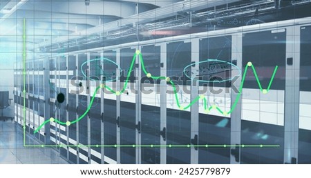 Image of graphs over light and servers. Global network, connections, communication, data processing, finance and technology concept digitally generated image.