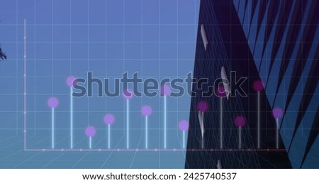 Image of graphs over office building. Global network, connections, communication, data processing, finance and technology concept digitally generated image.