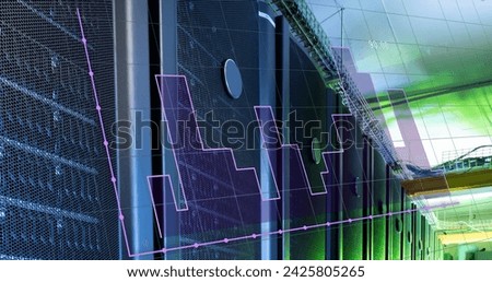 Image of graphs over servers. Global network, connections, communication, data processing, finance and technology concept digitally generated image.