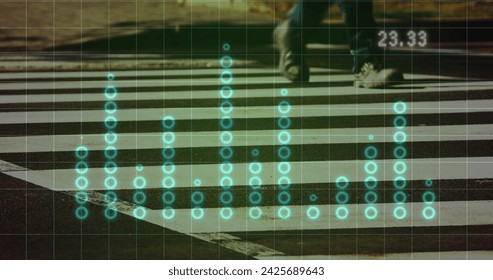 Image of graphs over timelapse with zebra crossing. Global network, connections, communication, data processing, finance and technology concept digitally generated image.