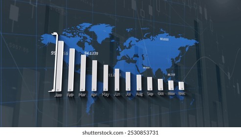 Image of graphs over world map and coordinates in navy digital space. Global business, finance, economy, network and technology concept digitally generated image. - Powered by Shutterstock - Get 15% off with code: PIKWIZARD15
