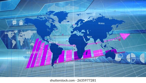 Image of graphs over world map and blue digital screen. Data processing, finance, computers and technology concept digitally generated image.