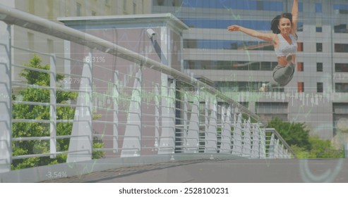 Image of graphs and people icons over caucasian young woman jumping gracefully on bridge in city. Digital composite, social media, report, business, building, exercise, fitness, technology. - Powered by Shutterstock