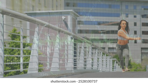 Image of graphs and people icons over caucasian young woman jumping gracefully on bridge in city. Digital composite, social media, report, business, building, exercise, fitness, technology. - Powered by Shutterstock