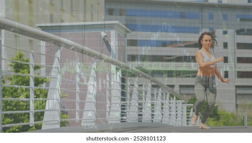 Image of graphs and people icons over caucasian young woman jumping gracefully on bridge in city. Digital composite, social media, report, business, building, exercise, fitness, technology. - Powered by Shutterstock