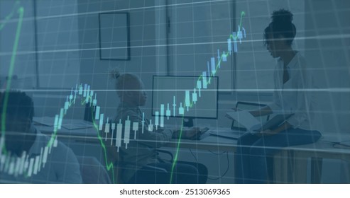 Image of graphs processing over diverse male and female colleague talking at casual office. Digital interface, teamwork, business, office, network and communication, digitally generated image.