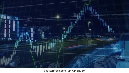 Image of graphs, soundwaves, computer language over time-lapse of cars moving on bridge in city. Digital composite, business, report, coding, transport, night, long exposure and technology. - Powered by Shutterstock