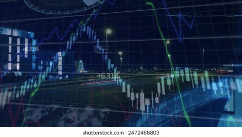 Image of graphs, soundwaves, computer language over time-lapse of cars moving on bridge in city. Digital composite, business, report, coding, transport, night, long exposure and technology. - Powered by Shutterstock