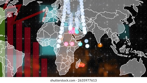 Image of graphs and spots of light over world map against night city traffic. Computer interface and business technology concept