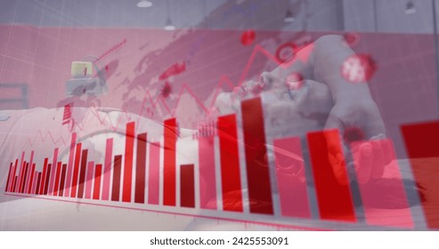 Image of graphs and statistics over caucasian woman meditating. global covid 19pandemic concept digitally generated image.