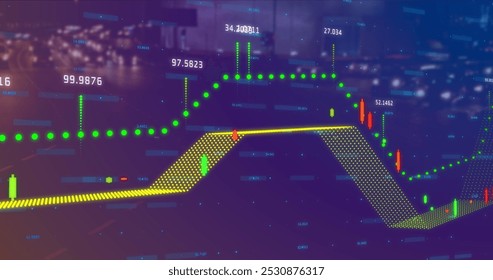 Image of graphs and statistics over fast forward highway. digital interface image game concept digitally generated image.