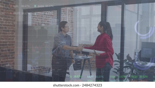 Image of graphs and trading board, diverse coworkers discussing blueprint and shaking hands. Digital composite, multiple exposure, report, business, stock market, teamwork and planning concept.