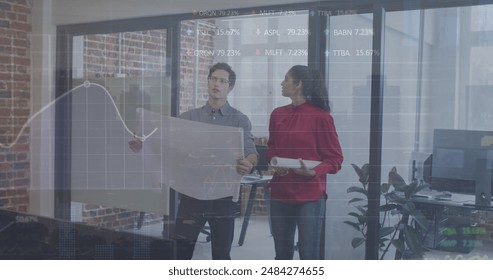 Image of graphs and trading board, diverse coworkers discussing blueprint and shaking hands. Digital composite, multiple exposure, report, business, stock market, teamwork and planning concept.