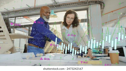 Image of graphs, trading board, mathematical sums, diverse architects discussing house models. Digital composite, multiple exposure, report, business, stock market, education and architecture. - Powered by Shutterstock