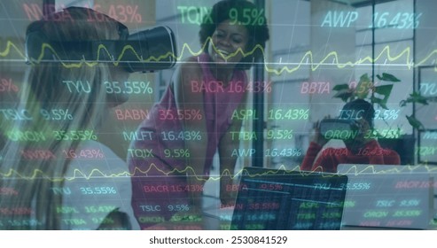 Image of graphs and trading board over multiracial coworkers using vr headsets and discussing. Digital composite, multiple exposure, teamwork, finance, stock market, investment and technology. - Powered by Shutterstock