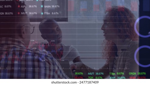 Image of graphs, trading boards, computer language, diverse coworkers sharing ideas in office. Digital composite, report, business, stock market, coding, teamwork, discussion and technology.