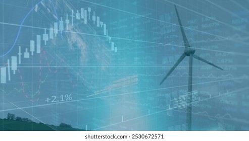 Image of graphs, world map with data processing on digital interface against wind turbine. Digital composite, multiple exposure, power generation, sustainable energy, development, finance.
