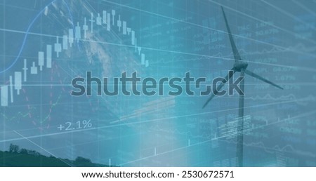 Image of graphs, world map with data processing on digital interface against wind turbine. Digital composite, multiple exposure, power generation, sustainable energy, development, finance.
