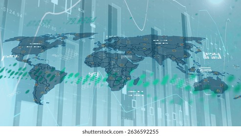 Image of graphs and world map on blue background. Global network, data processing, finance, communication and technology concept digitally generated image. - Powered by Shutterstock - Get 15% off with code: PIKWIZARD15
