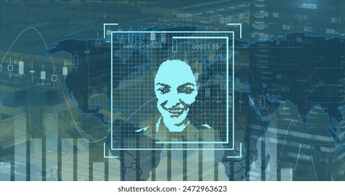 Image of graphs, world map and user photos on blue background. Global network, data processing, finance, communication and technology concept digitally generated image.