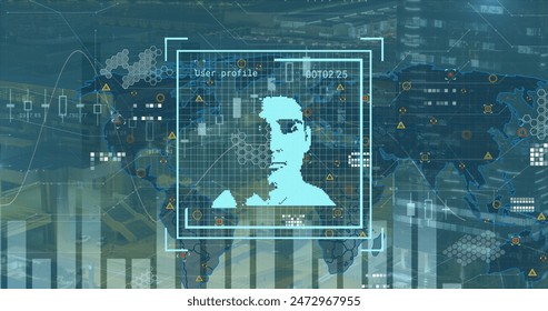 Image of graphs, world map and user photos on blue background. Global network, data processing, finance, communication and technology concept digitally generated image.