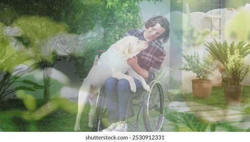 Image of grass over disabled caucasian man sitting in wheelchair with his dog. International day of persons with disabilities concept digitally generated image. - Powered by Shutterstock