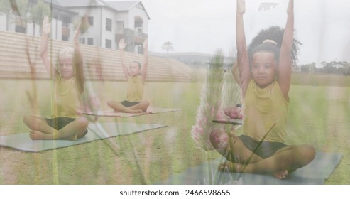 Image of grasses over diverse schoolgirls sitting in outdoor yoga class. Nature, health, wellbeing, school, childhood, education and learning, digitally generated image. - Powered by Shutterstock