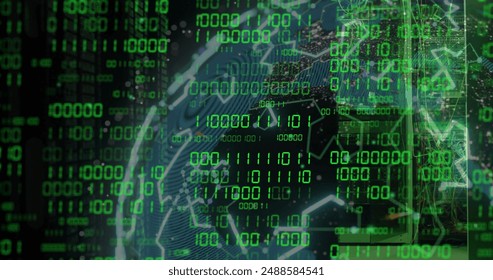 Image of green binary data processing over global network on dark background. Connection, data, processing, digital interface and global communication, digitally generated image.