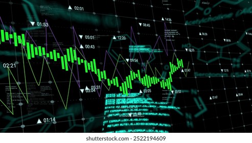 Image of green chart and data processing over networks on black background. Network, connection, digital interface, data and communication, digitally generated image.