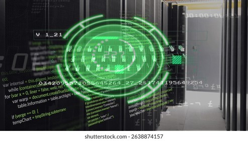 Image of green circle with data over servers. Computers, data processing and technology concept digitally generated image.