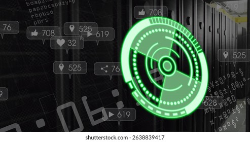 Image of green circle with social media reactions over servers. Computers, data processing and technology concept digitally generated image.