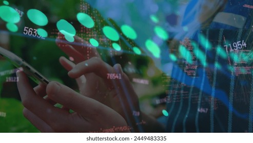 Image of green dot graph and data processing over hands of woman using smartphone. Global communication, business, data and digital interface concept digitally generated image.