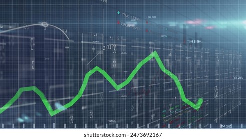 Image of green graph with abstract pattern, trading board and lens flare on black background. Digitally generated, hologram, report, finance, stock market, illuminated and investment concept.
