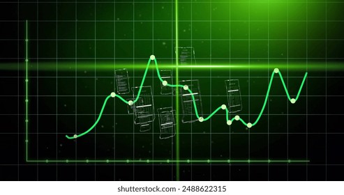 Image of green graph and scanner beams over interfaces processing data on dark background. Connection, data, processing, digital interface and communication, digitally generated image.