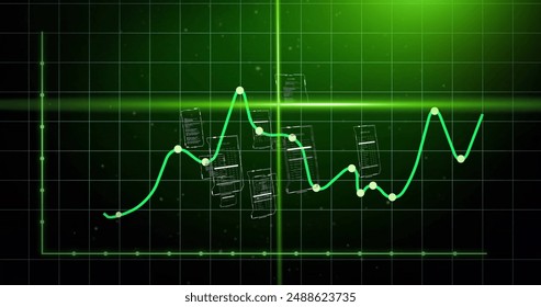 Image of green graph and scanner beams over interfaces processing data on dark background. Connection, data, processing, digital interface and communication, digitally generated image.
