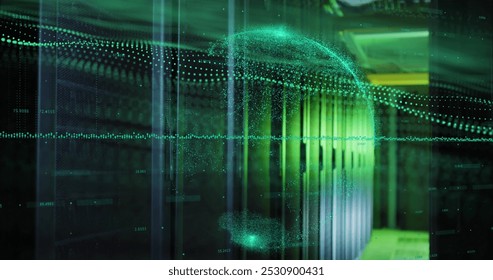 Image of green graphs and globe over servers. Global network, data processing, digital communication and technology concept digitally generated image.