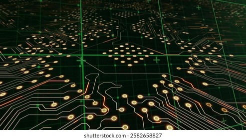 Image of green grid over transferring data on glowing motherboard. Data, digital interface, connection, processing and communication, digitally generated image.