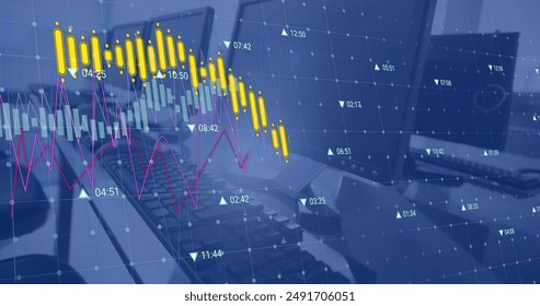 Image of green line and data processing over computers on desk in office. Global connections, computing and data processing concept digitally generated image.