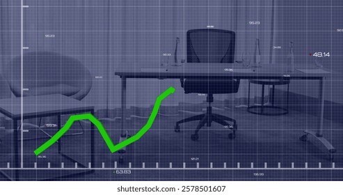 Image of green line and data processing over office. Global finance, business, connections, computing and data processing concept digitally generated image. - Powered by Shutterstock - Get 15% off with code: PIKWIZARD15