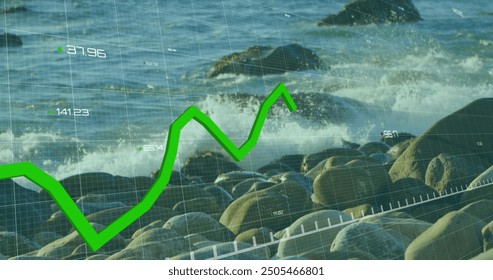 Image of green line and financial data processing over seascape. Global finance, business, connections, computing and data processing concept digitally generated image.