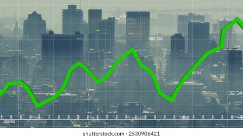 Image of green line and financial data processing over cityscape. Global business, finance, data processing and digital interface concept digitally generated image.