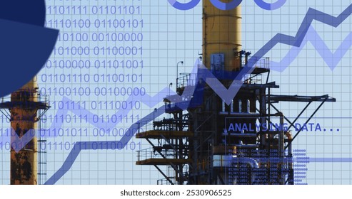 Image of green line and financial data processing over factory. Global business, finance, data processing and digital interface concept digitally generated image.