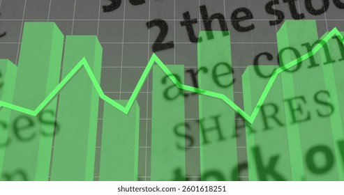 Image of green line over statistics and data processing. global finances, business and data processing concept digitally generated image.