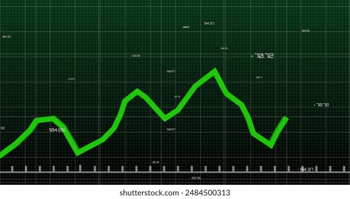 Image of green line processing with numbers over grid. global business, connections, data processing and technology concept digitally generated image.