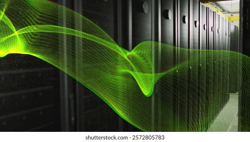 Image of green mesh and digital data processing over computer servers. Global connections, computing and data processing concept digitally generated image.