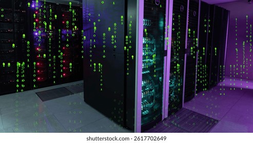 Image of green numbers falling over servers. computers, data processing and technology concept digitally generated image.