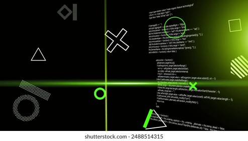 Image of green scanner beams and rotating shapes over data processing on dark background. Connection, data, processing, business, digital interface and communication, digitally generated image.