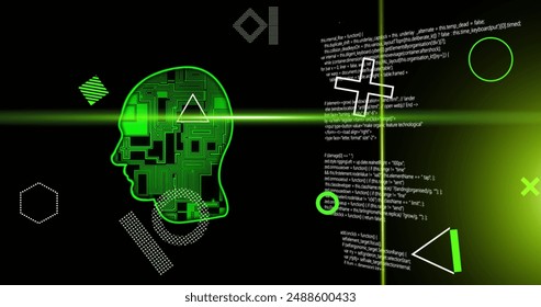 Image of green scanner beams and rotating shapes over network head and processing data on black. Connection, data, ai, processing, digital interface and communication, digitally generated image.