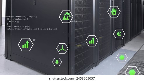 Image of green technology icons and coding over data server room. Digital composite, network security, data center, networking, technology, database, sustainable, environmental conservation.